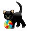 Black kitten playing with colorful ball. Little playful cat cartoon isolated on white background. Child illustration