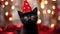 Black kitten in a red wizard\\\'s cap. Kitten celebrates New Year