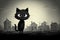 A black kitten stands in the middle of a street with houses in the dark. Drawing in dark colors. Generative AI