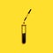 Black Laboratory pipette with liquid and falling droplet over test tube icon isolated on yellow background. Laboratory
