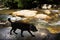 Black labrador dog playing swimming water and rest relax in Namtok Khao Khram Waterfalls in mountain jungle forest of Khao Pu Khao