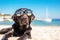 A black labrador dog resting on the beach. Resort holiday concept with pets. Generative AI