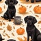 Black Labrador puppy fall theme seamless pattern background. Orange colors, with pumpkins, pumpkin spice latte coffee.