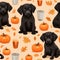 Black Labrador puppy fall theme seamless pattern background. Orange colors, with pumpkins, pumpkin spice latte coffee.