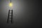Black ladder lead up to bright light bulb.