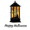 Black lantern on halloween banner. Burning lamp with black forest, vector illustration