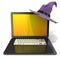 Black laptop with Halloween colored screen and purple witch hat