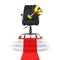 Black Leather Boss Office Chair with Golden Trophy over Round White Pedestal with Steps and a Red Carpet. 3d Rendering