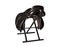 Black leather professional jumping saddle putting at saddle rack. isolated at white