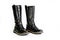 Black leather womens boots fastened with a zipper. Background for shoes