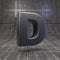 Black letter D uppercase. DLSR camera body plastic texture alphabet on metal floor