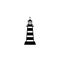 Black lighthouse, light house, beacon icon. Nautical, maritime, marine, naval symbol. Seashore simple illustration on blue