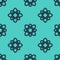 Black line Atom icon isolated seamless pattern on green background. Symbol of science, education, nuclear physics