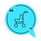 Black line Baby stroller icon isolated on white background. Baby carriage, buggy, pram, stroller, wheel. Blue speech