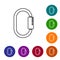 Black line Carabiner icon isolated on white background. Extreme sport. Sport equipment. Set icons in color circle