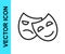 Black line Comedy and tragedy theatrical masks icon isolated on white background. Vector