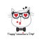 Black line cute kissing cat face icon with heart sunglasses and bow tie on white background