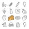 Black line food icons set. Includes such Icons as barrel Wine, Cheese, Wheat, Strawberry, Pizza.