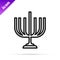 Black line Hanukkah menorah icon isolated on white background. Hanukkah traditional symbol. Holiday religion, jewish