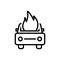 Black line icon for Burning car, accident and auto