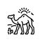 Black line icon for Camel In Desert With Sun, desert and dune