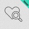 Black line Medical heart inspection icon isolated on transparent background. Heart magnifier search. Vector