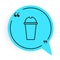 Black line Milkshake icon isolated on white background. Plastic cup with lid and straw. Blue speech bubble symbol