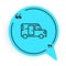 Black line Minibus icon isolated on white background. Blue speech bubble symbol. Vector