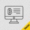 Black line Mining bitcoin from monitor icon isolated on transparent background. Cryptocurrency mining, blockchain