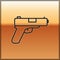 Black line Pistol or gun icon isolated on gold background. Police or military handgun. Small firearm. Vector