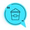 Black line Popcorn in cardboard box icon isolated on white background. Popcorn bucket box. Blue speech bubble symbol