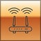 Black line Router and wi-fi signal icon isolated on gold background. Wireless ethernet modem router. Computer technology