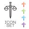 Black line Scales of justice icon isolated on white background. Court of law symbol. Balance scale sign. Set icons