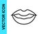 Black line Smiling lips icon isolated on white background. Smile symbol. Vector