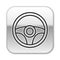 Black line Steering wheel icon isolated on white background. Car wheel icon. Silver square button. Vector