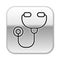 Black line Stethoscope medical instrument icon isolated on white background. Silver square button. Vector Illustration