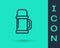 Black line Thermos container icon isolated on green background. Thermo flask icon. Camping and hiking equipment. Vector