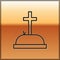 Black line Tombstone with cross icon isolated on gold background. Grave icon. Vector Illustration