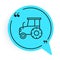 Black line Tractor icon isolated on white background. Blue speech bubble symbol. Vector