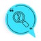 Black line Unknown search icon isolated on white background. Magnifying glass and question mark. Blue speech bubble