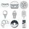 Black lineart icon set. Fast food and sweets