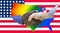 Black lives matter. Close up photo of a handshake between afroamerican and european hands. Handshake in front of us flag and