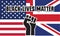 Black Lives Matter text with a fist on UK and USA flags background
