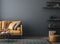 Black living room interior with leather sofa, minimalist industrial style