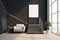 Black living room, stairs, armchair, poster
