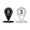 Black Location bitcoin icon isolated on white background. Physical bit coin. Blockchain based secure crypto currency