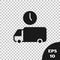 Black Logistics delivery truck and time icon isolated on transparent background. Delivery time icon. Vector