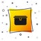 Black Lunch box icon isolated on white background. Yellow square button. Vector