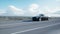 Black luxury car on road, highway. Daylight. Very fast driving. Realistic 4k animation.