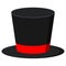 Black magician cylinder hat with red ribbon isolated on white background.